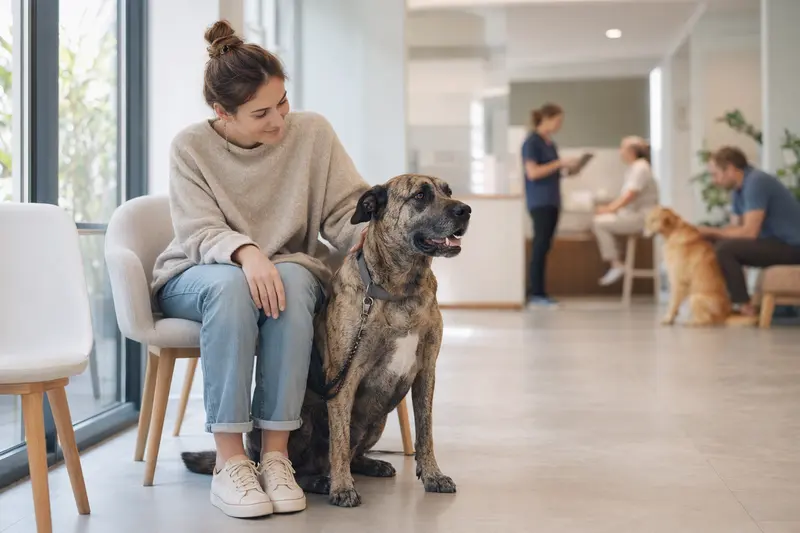 Ein Alangu Mastiff sitzt entspannt neben seinem Besitzer im hellen Wartezimmer einer modernen Tierarztpraxis.